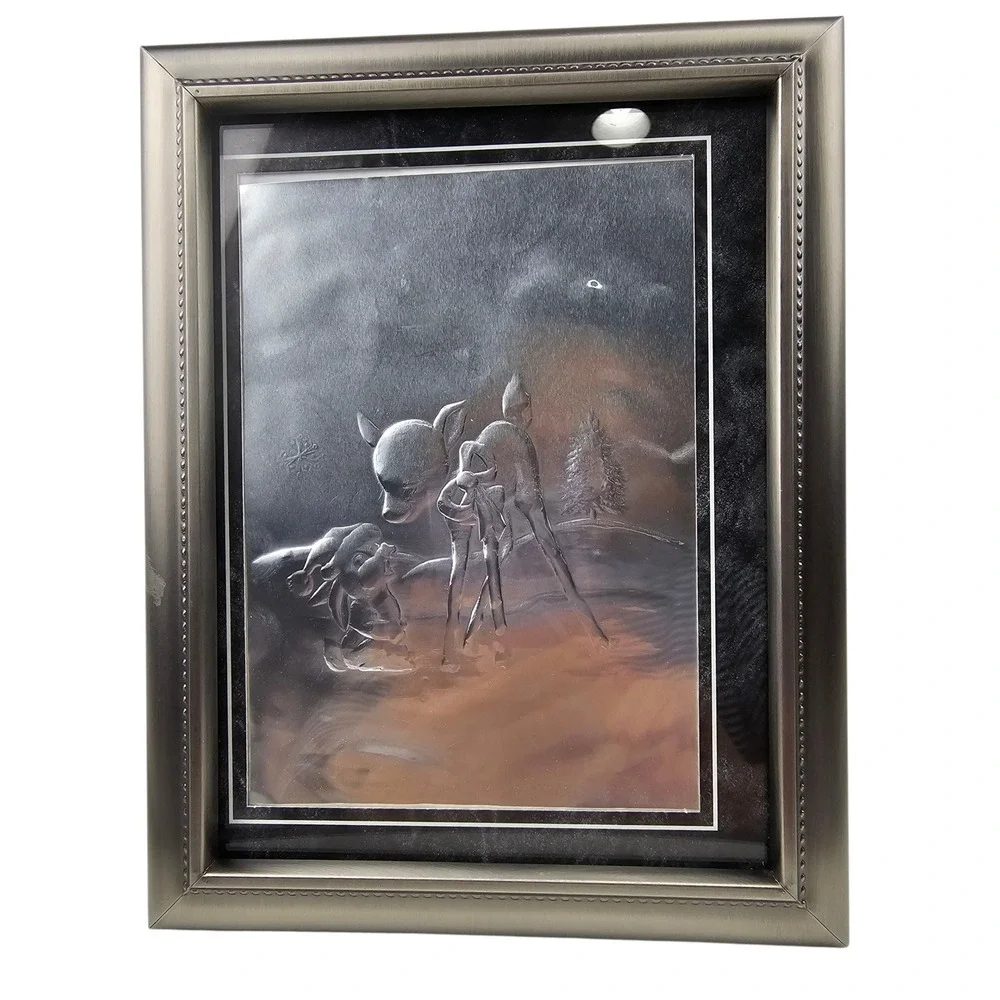 Fetco‎ Home Decor Framed Embossed Metal Art Deer Fawn Winter Scene